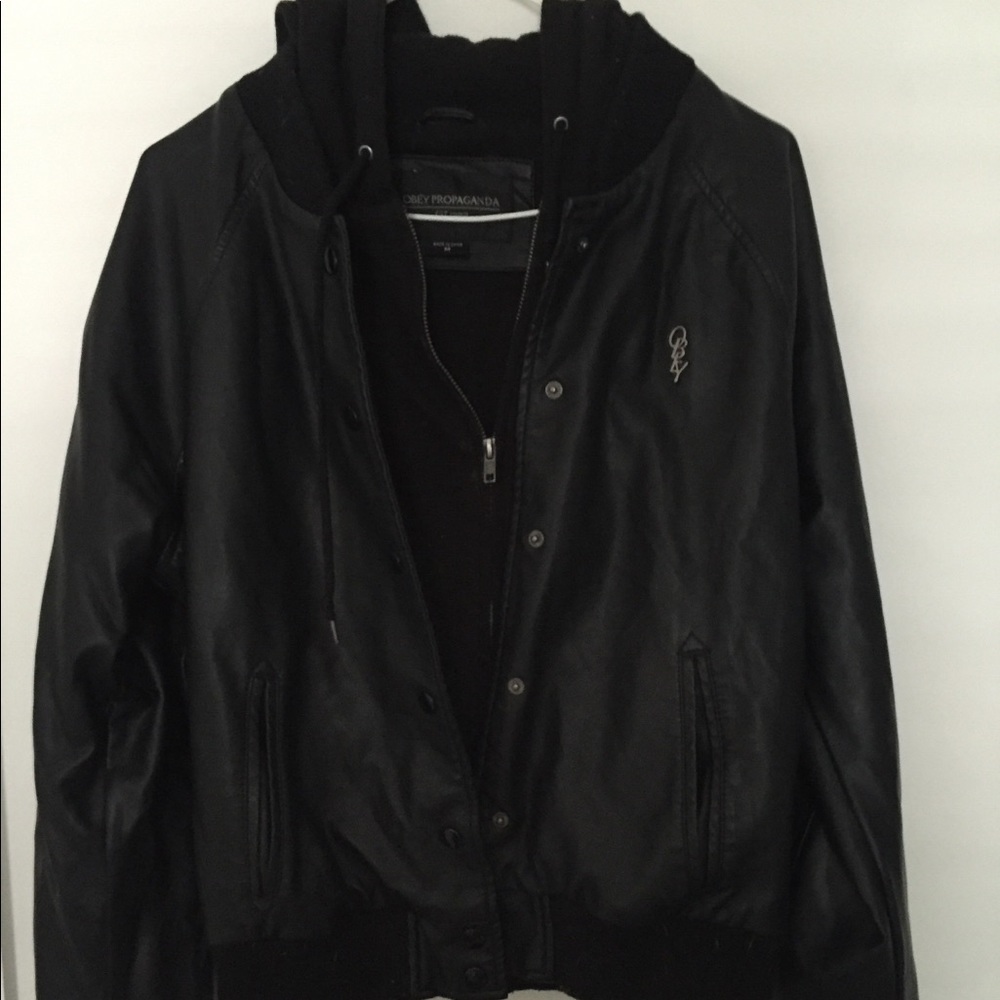 OBEY Hooded Faux Leather Jacket